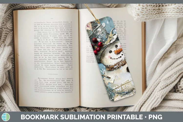 Vintage Blue Christmas Snowman Bookmark Sublimation Printabl
