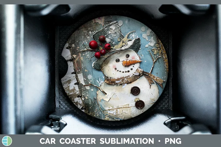 Vintage Blue Christmas Snowman Car Coaster Sublimation Desi