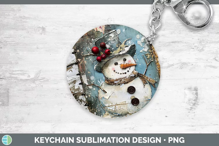Vintage Blue Christmas Snowman Keychain Sublimation Keyring