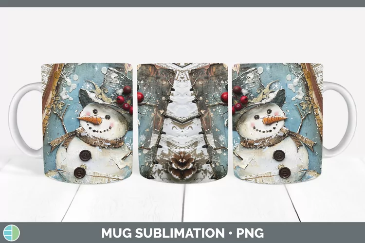 Vintage Blue Christmas Snowman Mug Wrap Sublimation Coffee C