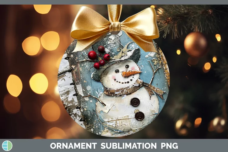 Vintage Blue Christmas Snowman Ornament Sublimation Bauble D