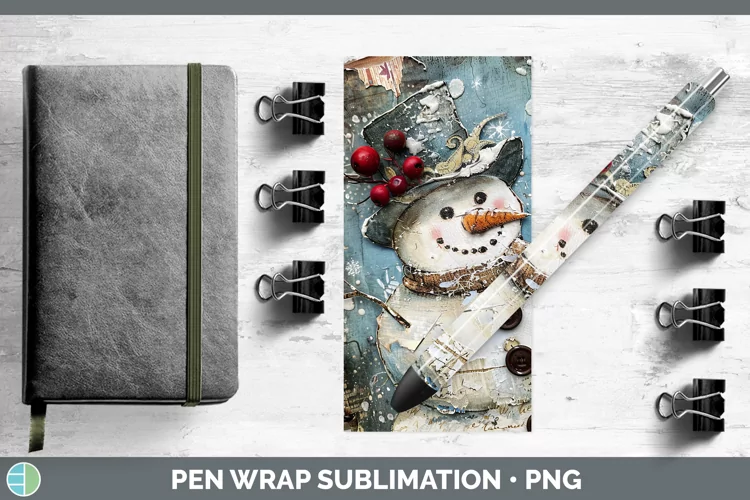 Vintage Blue Christmas Snowman Pen Wrap Sublimation Pen Desi
