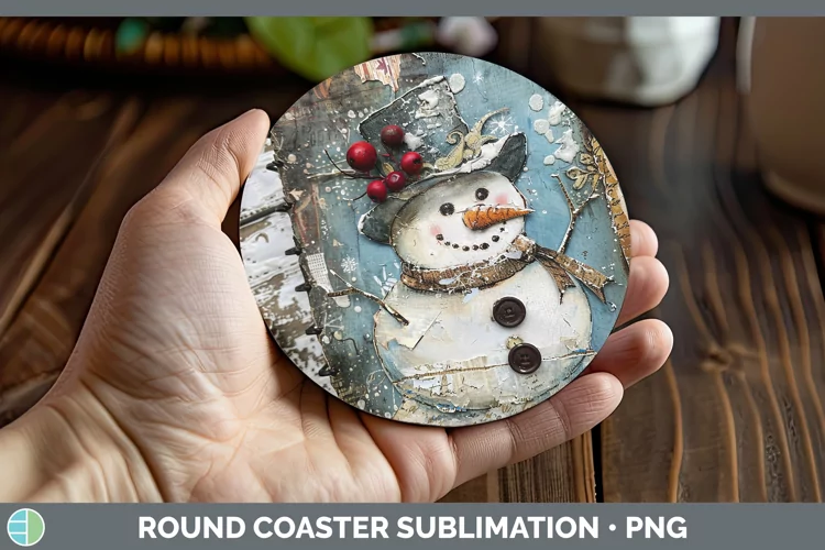 Vintage Blue Christmas Snowman Round Coaster Sublimation Coa