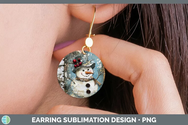 Vintage Blue Christmas Snowman Round Earrings Sublimation Ea