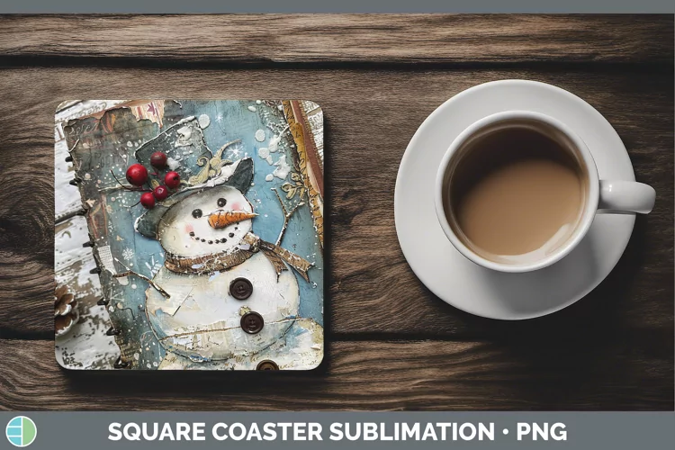 Vintage Blue Christmas Snowman Square Coaster Sublimation Co