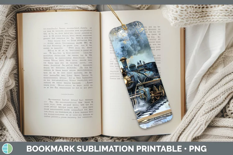 Vintage Blue Christmas Train Bookmark Sublimation Printable