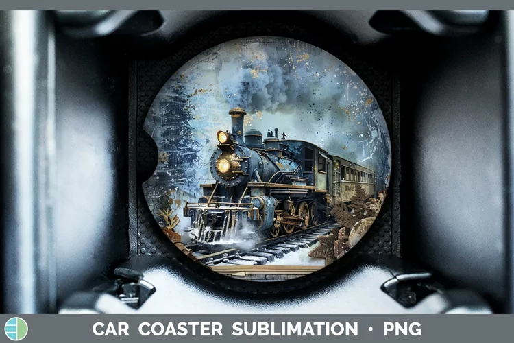 Vintage Blue Christmas Train Car Coaster Sublimation Design