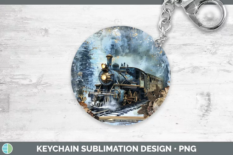Vintage Blue Christmas Train Keychain Sublimation Keyring De