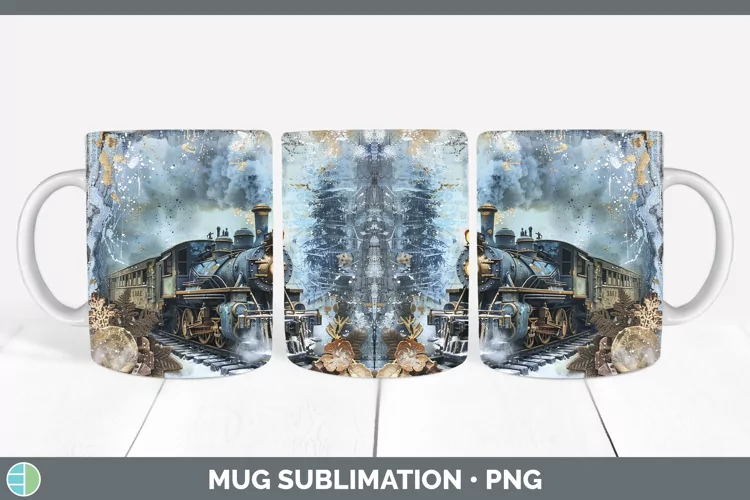 Vintage Blue Christmas Train Mug Wrap Sublimation Coffee Cup