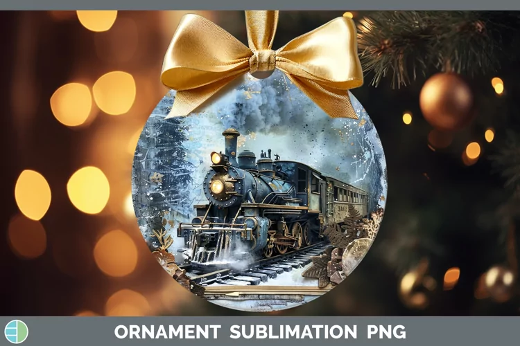 Vintage Blue Christmas Train Ornament Sublimation Bauble Des