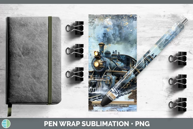 Vintage Blue Christmas Train Pen Wrap Sublimation Pen Design