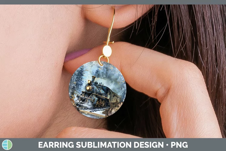 Vintage Blue Christmas Train Round Earrings Sublimation Earr