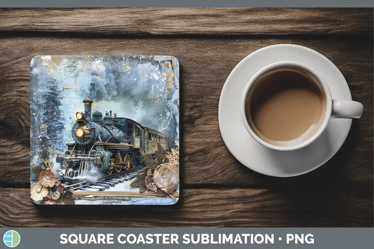 Vintage Blue Christmas Train Square Coaster Sublimation Coas