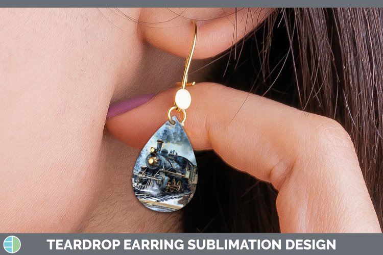 Vintage Blue Christmas Train Teardrop Earrings Sublimation E