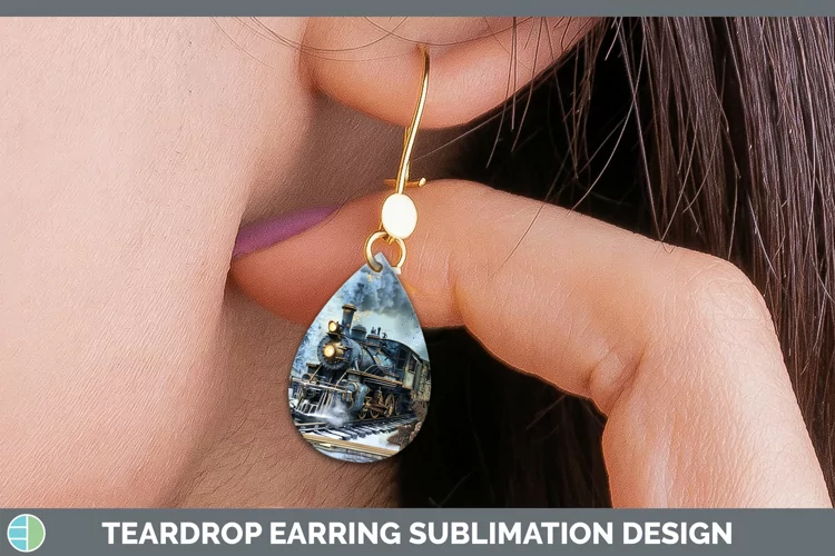 Vintage Blue Christmas Train Teardrop Earrings Sublimation E