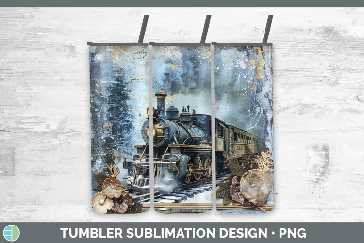 Vintage Blue Christmas Train Tumbler Sublimation 20 oz Skinn