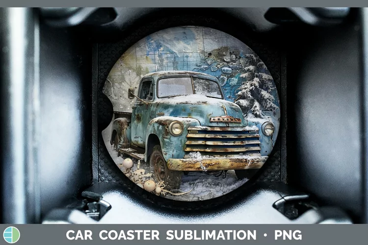 Vintage Blue Christmas Vintage Truck Car Coaster Sublimation