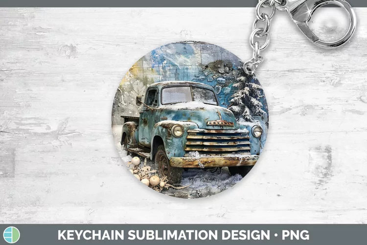 Vintage Blue Christmas Vintage Truck Keychain Sublimation Ke