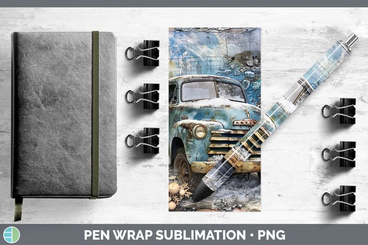 Vintage Blue Christmas Vintage Truck Pen Wrap Sublimation Pe