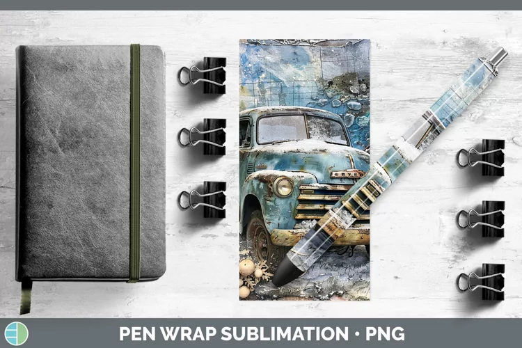 Vintage Blue Christmas Vintage Truck Pen Wrap Sublimation Pe