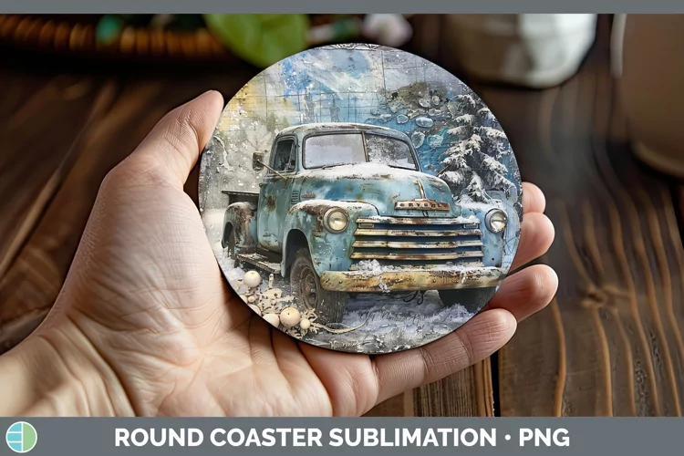 Vintage Blue Christmas Vintage Truck Round Coaster Sublimati
