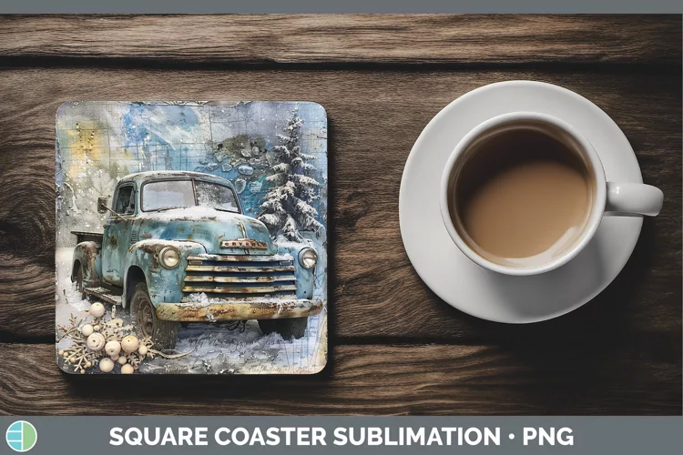 Vintage Blue Christmas Vintage Truck Square Coaster Sublimat