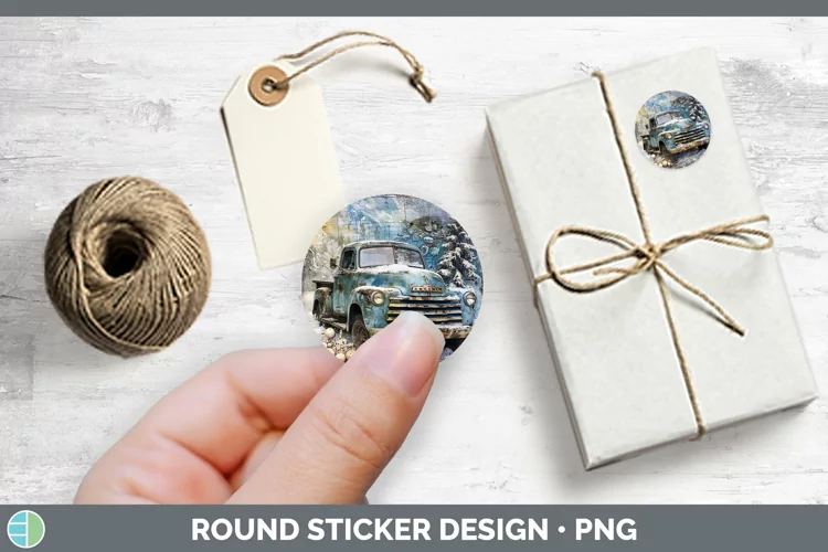 Vintage Blue Christmas Vintage Truck Stickers | Round Labels