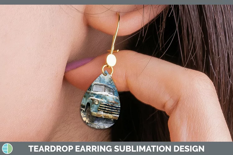 Vintage Blue Christmas Vintage Truck Teardrop Earrings Subli