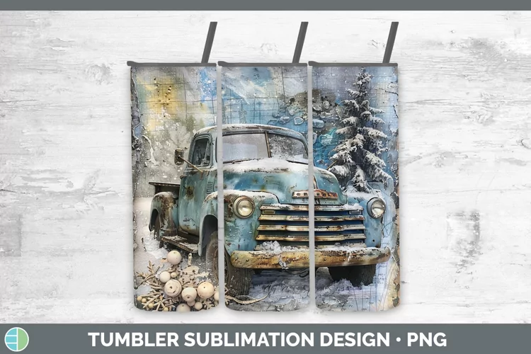 Vintage Blue Christmas Vintage Truck Tumbler Sublimation 20