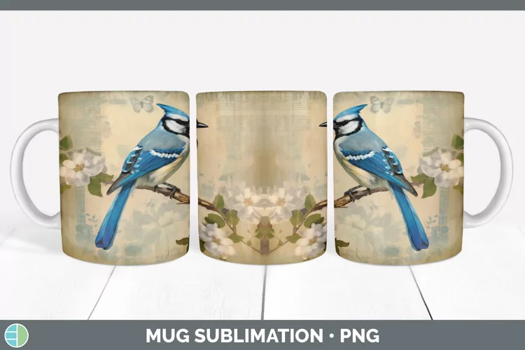 Vintage Blue Jay Bird Mug Wrap | Sublimation Coffee Cup Desi
