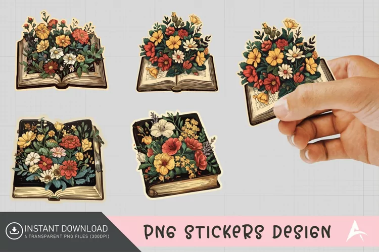 Vintage Book Flowers Sticker Clipart