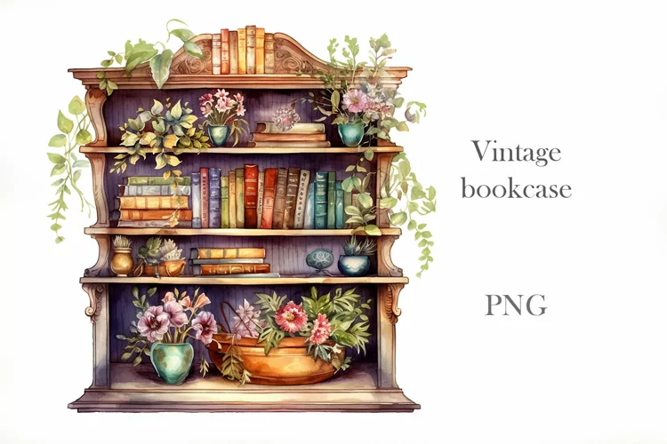 Watercolor Vintage bookcase. Book lover sublimation.
