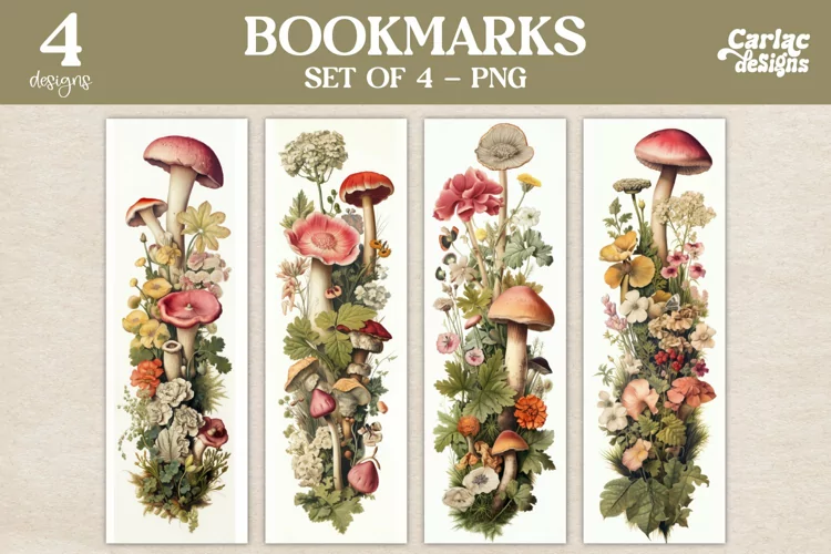Vintage Bookmarks, Flowers Bookmarks, Mushrooms Bookmarks