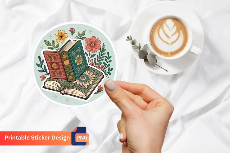 Vintage Books And Flowers Sticker, Botanical vintage sticker