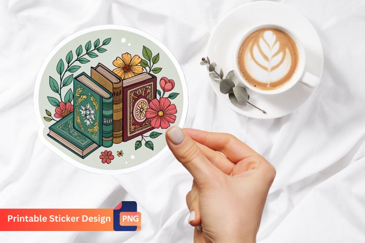 Vintage Books And Flowers Sticker, Botanical vintage sticker