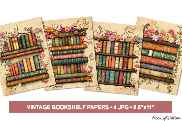 Old Library Bookshelf Paper Junk Journal Pages, Vintage