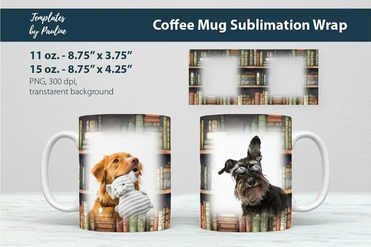 Vintage Bookshelf Photo Mug Wrap, Old Book Cricut Mug Design
