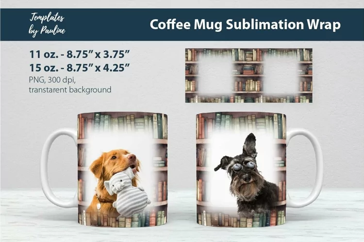 Vintage Bookshelf Photo Mug Wrap, Old Books Cricut Mug PNG
