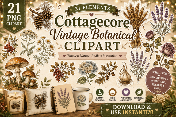 Cottagecore Vintage Botanical PNG Clipart Bundle