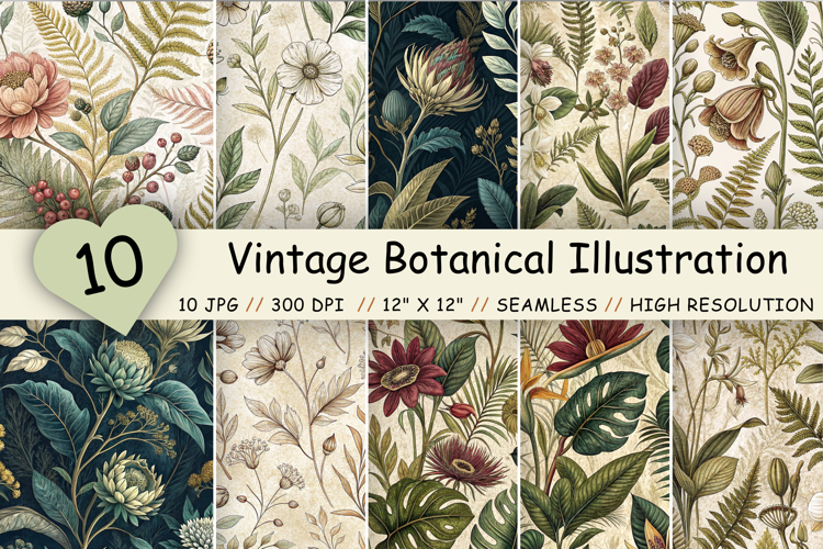Vintage Botanical Illustration Paper, Seamless Digital Paper