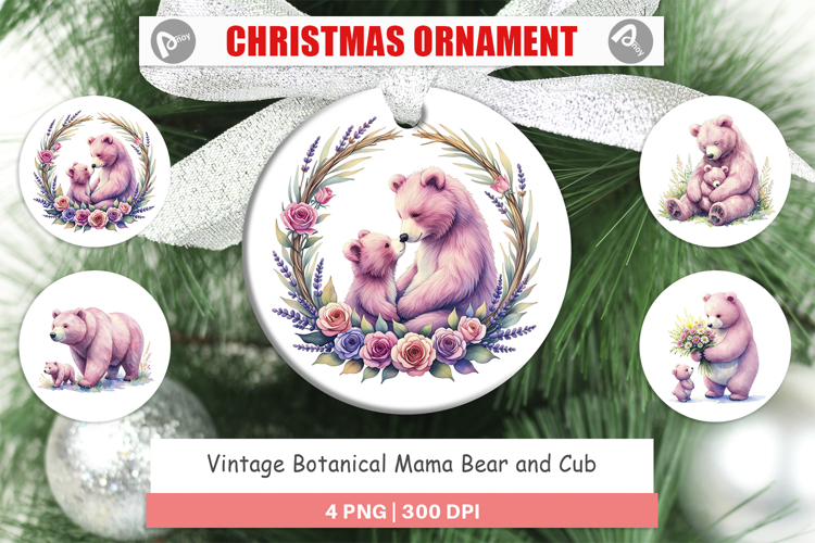 Botanical Mama Bear   Cub Ornament