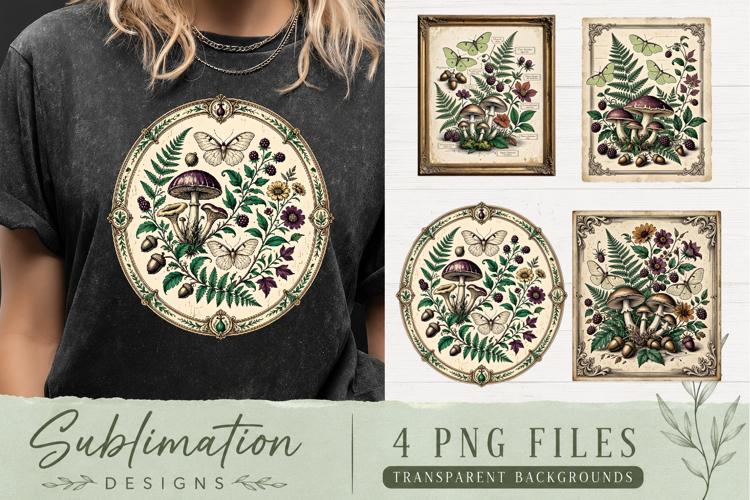 Vintage Botanical Mushroom PNG | Dark Academia Sublimation
