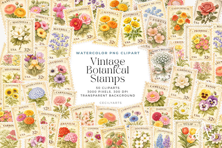Vintage Botanical Stamps Clipart Floral Postage
