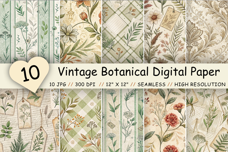 Vintage Botanical Tags Digital Paper Pack, Floral Seamless