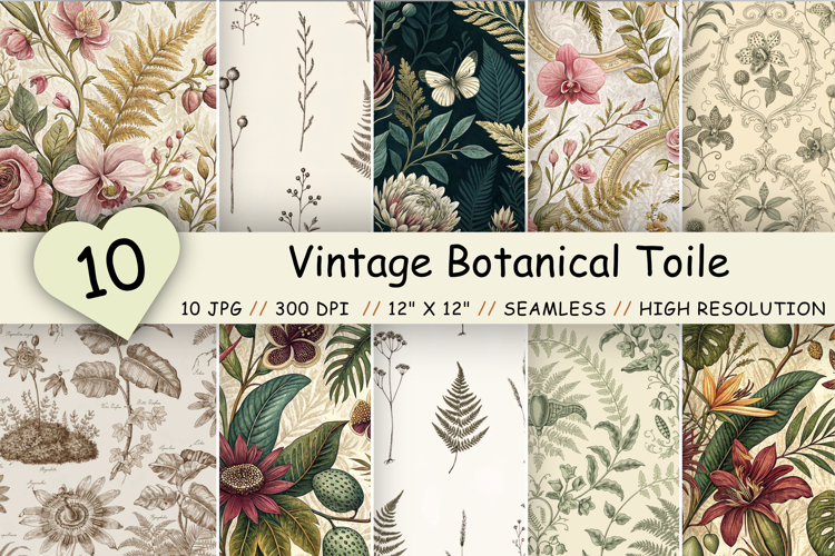 Vintage Botanical Toile Digital Paper, Seamless Antique
