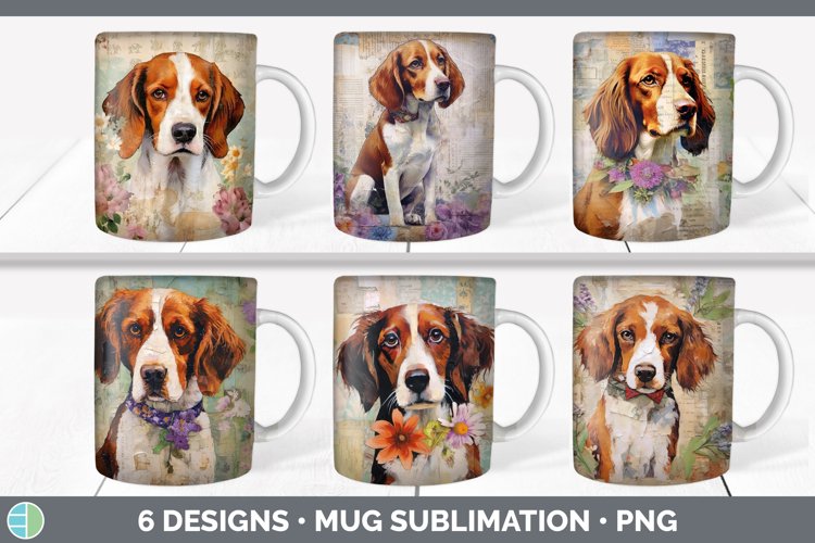 Bundle of six Decoupage Brittany Dogs Mug Wrap designs.
