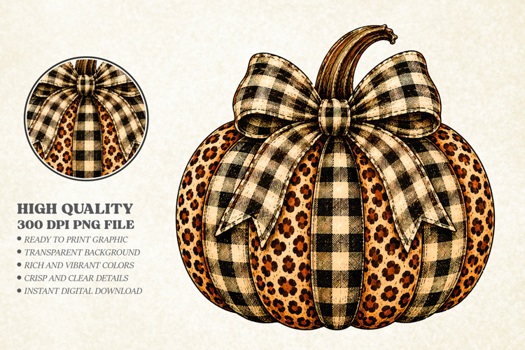 Vintage Buffalo Plaid Pumpkin Design, Fall Pumpkin Bow PNG