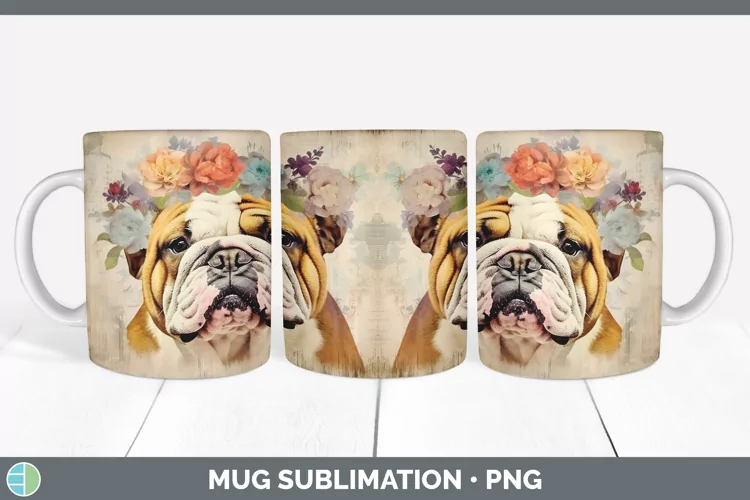 Vintage Bulldog Dog Mug Wrap | Sublimation Coffee Cup Design
