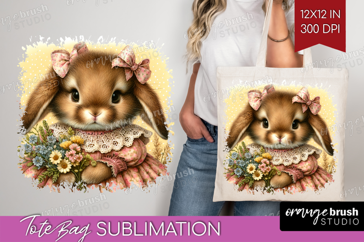Vintage Bunny Tote Bag - Cute Bunny Tote Bag PNG Sublimation