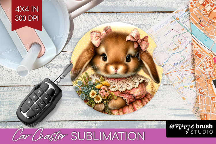 Vintage Bunny Car Coaster - Cute Bunny Coaster PNG